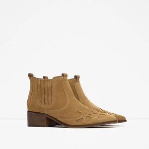 women's Zara tan, suede, ankle Cowboy Boots - Sz 7 (37)